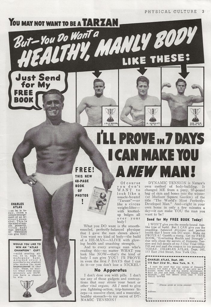 Advertisement for the Charles Atlas fitness program from a 1938 magazine.