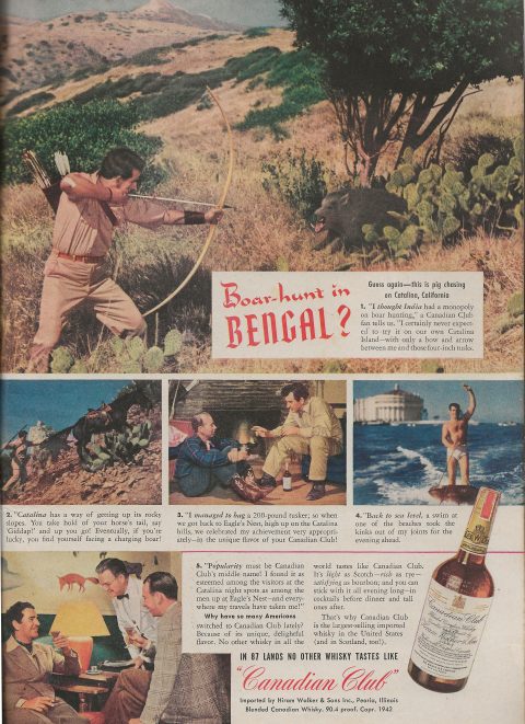 Ad for Canadian Club Whiskey with Pig Hunt on Catalina Island